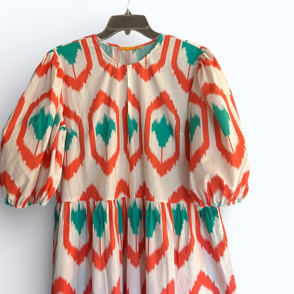 Oliphant Coral Odisha Bold Ikat Pattern Coral Turquoise White Cotton Dress Sz XL - Picture 3 of 7